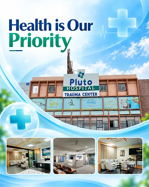 Pluto Super Speciality Hospital building in Himatnagar with reception, corridor and patient room