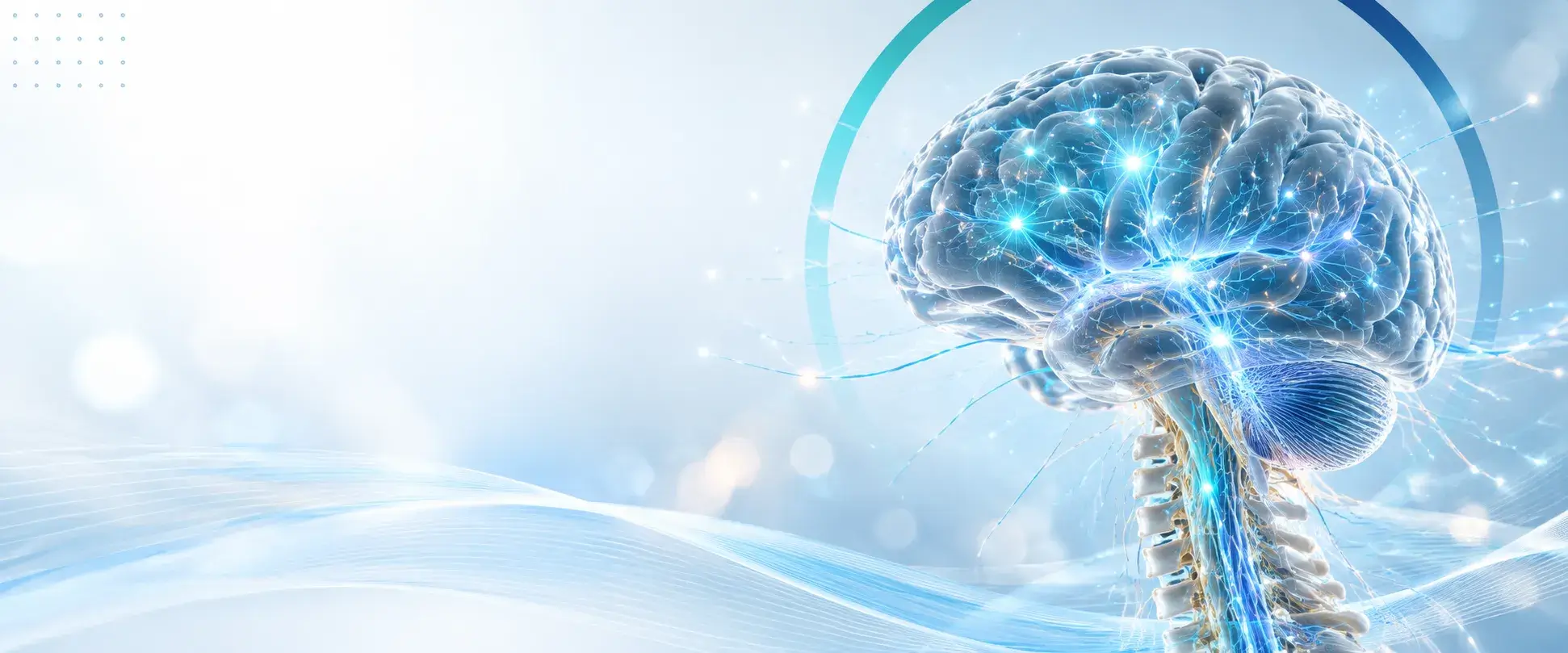 3D human brain and spinal cord with glowing neural pathways
