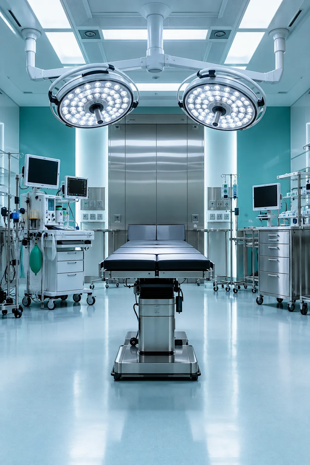 Modern ultra-clean operation theatre with surgical lights and operating table