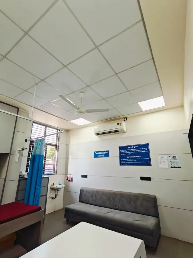 Sonography examination room at Pluto Hospital, Himatnagar