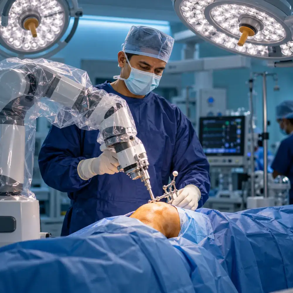 Surgeon performing robotic-assisted knee replacement with a robotic arm